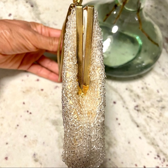 Vintage Beaded Handbag Collectible Satin Fabric Iridescent beading Gold kisslock - Picture 7 of 11